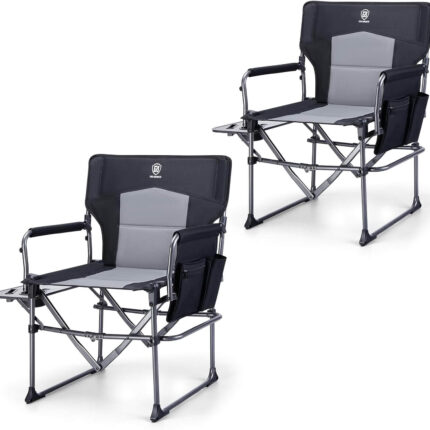 Сгъваем къмпинг стол с масичка комплект от 2 броя Ever Advanced - до 180 кг, с поставка и джоб, удобен за къмпинг, риболов и пикник режисьорски къмпинг стол здрав къмпинг стол до 180 кг стол за риболов с маса преносим стол споставка за чаша удобен стол за къмпинг и пикник цена цени