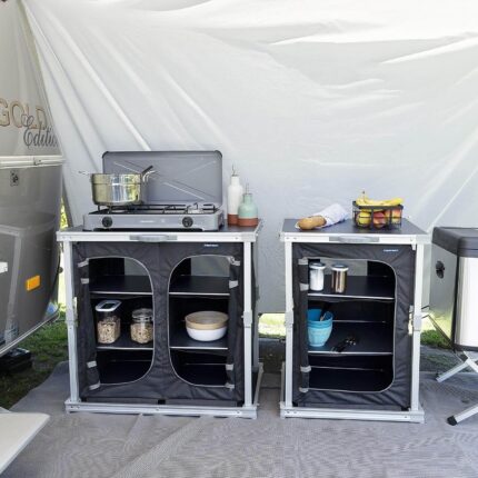 Сгъваем къмпинг шкаф кухня Campart - Преносим шкаф с рафтове, алуминиева конструкция, идеален за къмпинг, каравана и палатка къмпинг шкаф с рафтове преносима къмпинг кухня шкаф шкаф за къмпинг оборудване сгъваем шкаф за палатка шкаф за каравана и кемпер цена цени