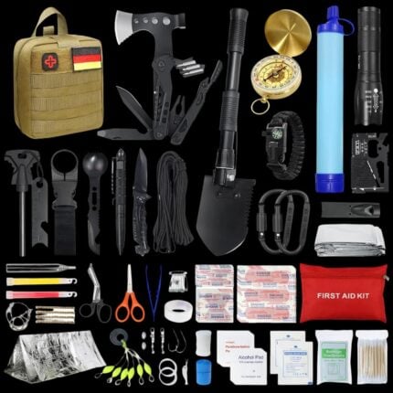 WayinTop survival kit 180 части - Авариен комплект за оцеляване и първа помощ цена цени комплект за оцеляване emergency survival kit outdoor survival gear комплект за първа помощ survival kit с филтър за вода тактически комплект за къмпинг комплект за туризъм и приключения survival kit за къмпинг тактическа екипировка подарък за къмпинг и оцеляване