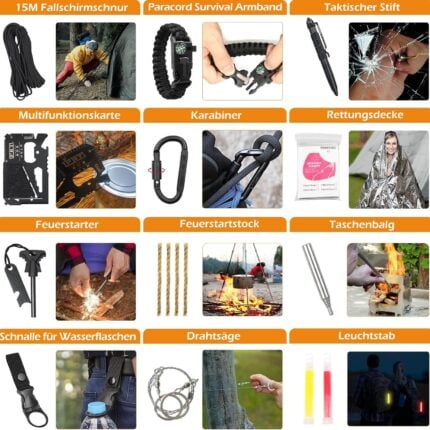 WayinTop survival kit 180 части - Авариен комплект за оцеляване и първа помощ цена цени комплект за оцеляване emergency survival kit outdoor survival gear комплект за първа помощ survival kit с филтър за вода тактически комплект за къмпинг комплект за туризъм и приключения survival kit за къмпинг тактическа екипировка подарък за къмпинг и оцеляване