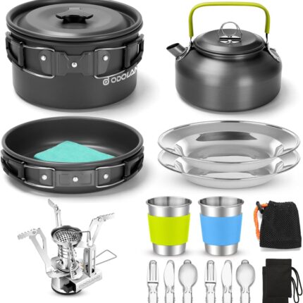 Къмпинг комплект за готвене Odoland 18 части - алуминиев cookware set с чайник и прибори за къмпинг и туризъм цена цени комплект съдове за къмпинг с котлон къмпинг cookware set с чайник туристически комплект за готвене къмпинг съдове с незалепващо покритие комплект за готвене за палатка outdoor cooking set с горелка къмпинг кухня комплект лек комплект за туризъм camping cookware set lightweight комплект за готвене 1-2 човека къмпинг комплект с прибори съдове за пикник комплект преносим котлон за къмпинг cookware set с газов котлон компактни съдове за къмпинг