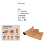 Комплект за йога - F2 Ultimate 8 piece yoga set with cork mat and accessories йога комплект с аксесоари коркова подложка постелка за йога коркови масажни топки мазажна топка плъзгащи дискове двойна топка йога блок ролер от корк корков ролер ролка за упражнения раздвижване и масаж на мускулите цена цени комплект 8 части